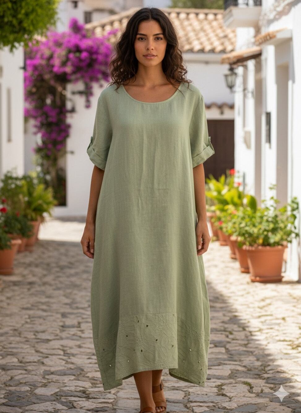 Rosemarine Italy Linen Lagenlook Midi Dress with Eyelet Lace Hem